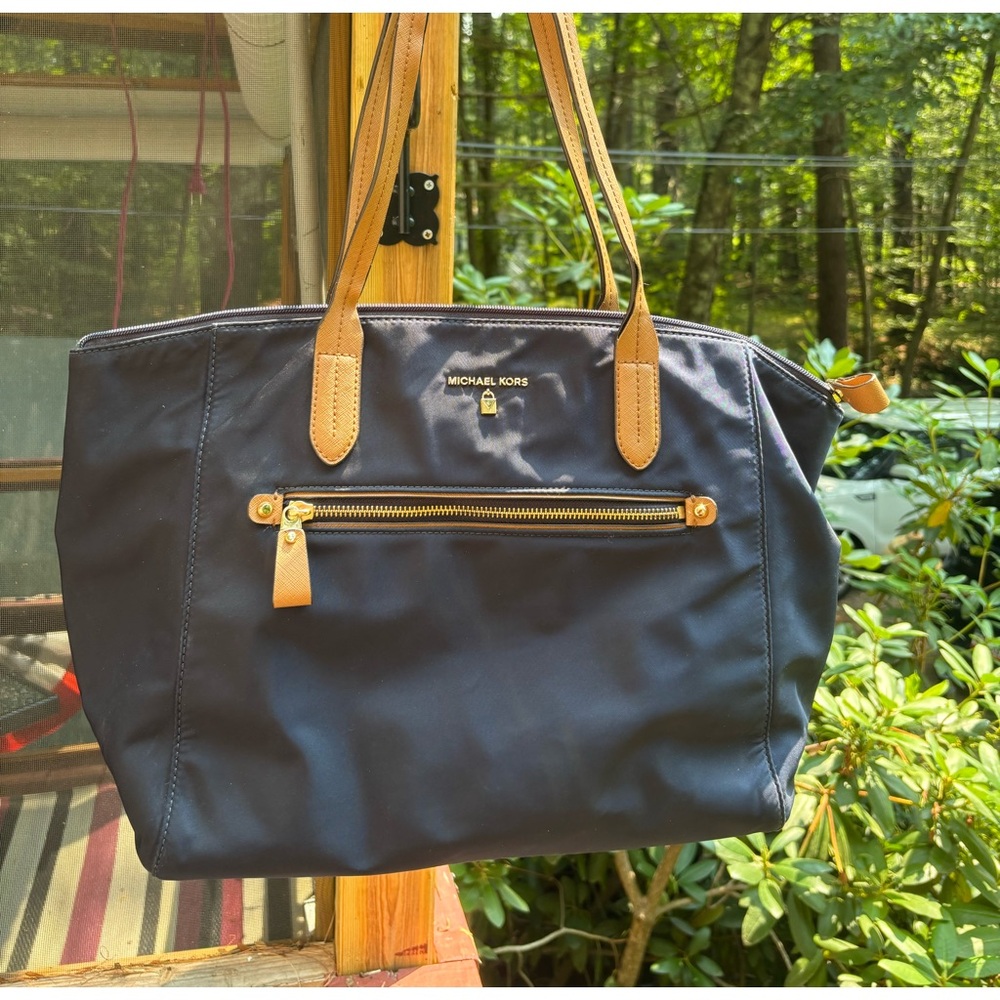 Michael Kors Dark Blue Tote with Tan Accents